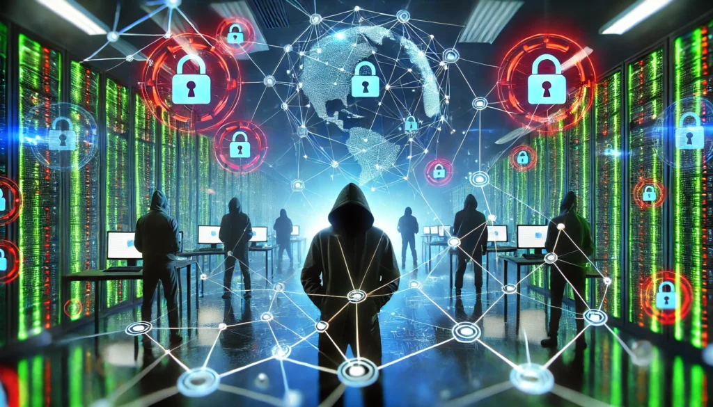 DALL·E 2025-03-05 17.39.01 - A futuristic digital supply chain network with interconnected nodes glowing in blue and green. In the background, hackers in hoodies attempt to breach